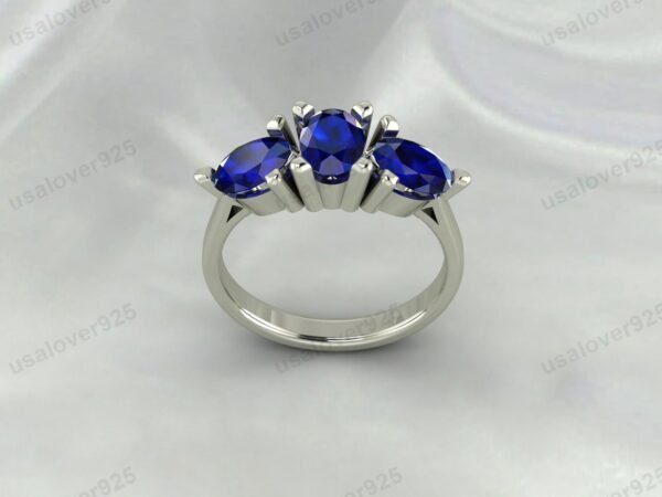 Blue Sapphire Three Gemstone Women Ring 925 Sterling Silver Jewelry