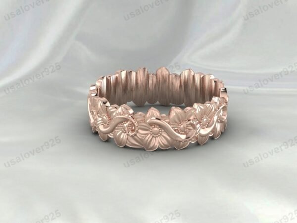 Unique Art Deco Flower Design Unisex Band, 925 Sterling Silver Ring Jewelry - Image 3