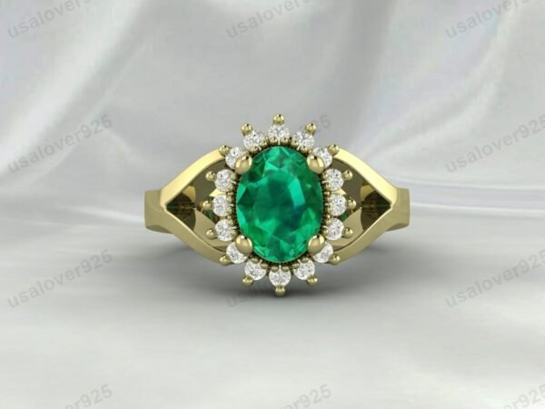 Emerald Oval Gemstone Women Ring 925 Sterling Silver Jewelry