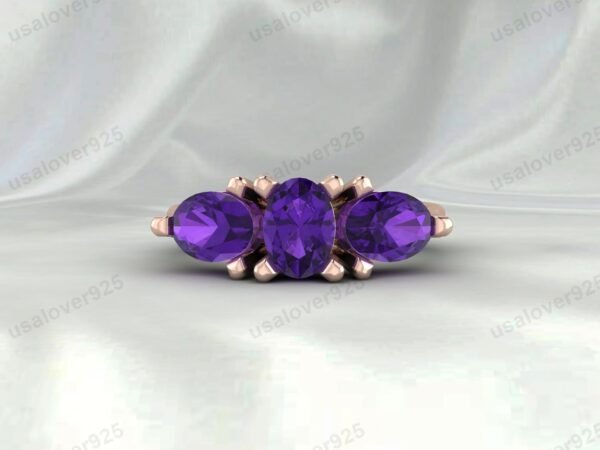 Amethyst Three Gemstone Women Ring 925 Sterling Silver Jewelry - Image 3