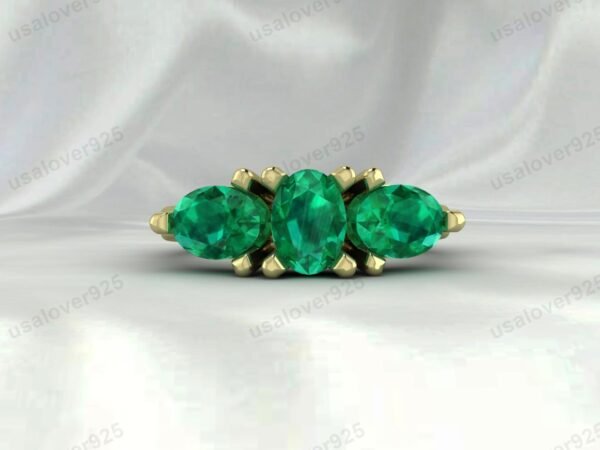 Emerald Three Gemstone Women Ring 925 Sterling Silver Jewelry - Image 2