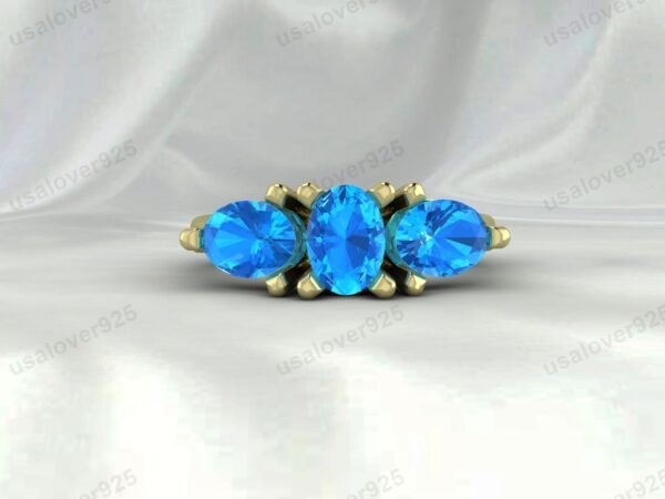 Blue Topaz Three Gemstone Women Ring 925 Sterling Silver Jewelry - Image 2