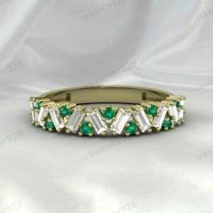 Emerald Half Eternity Gemstone Women Ring Band 925 Sterling Silver Jewelry