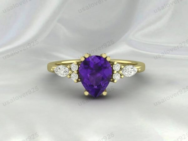Amethyst Pear Gemstone Solitaire Women Ring 925 Sterling Silver Jewelry - Image 2