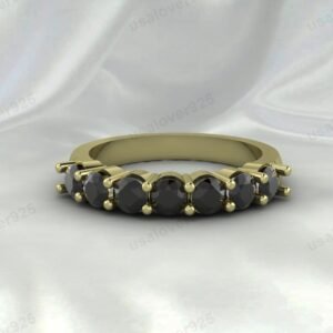 Black Onyx Gemstone Half Eternity Women Ring, 925 Sterling Silver Jewelry
