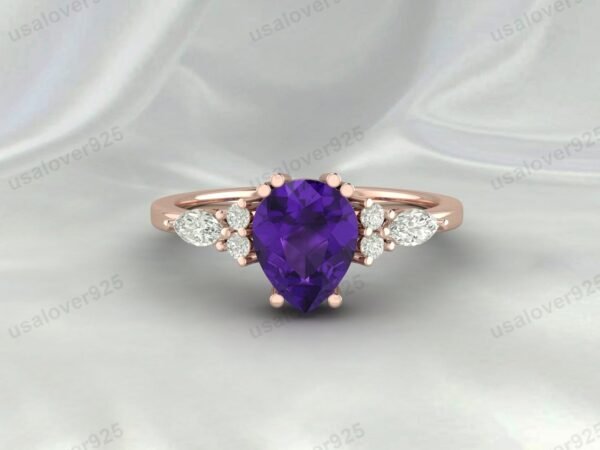 Amethyst Pear Gemstone Solitaire Women Ring 925 Sterling Silver Jewelry - Image 3