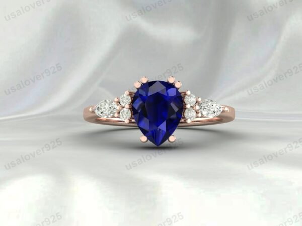 Sapphire Pear Gemstone Solitaire Women Ring 925 Sterling Silver Jewelry - Image 3