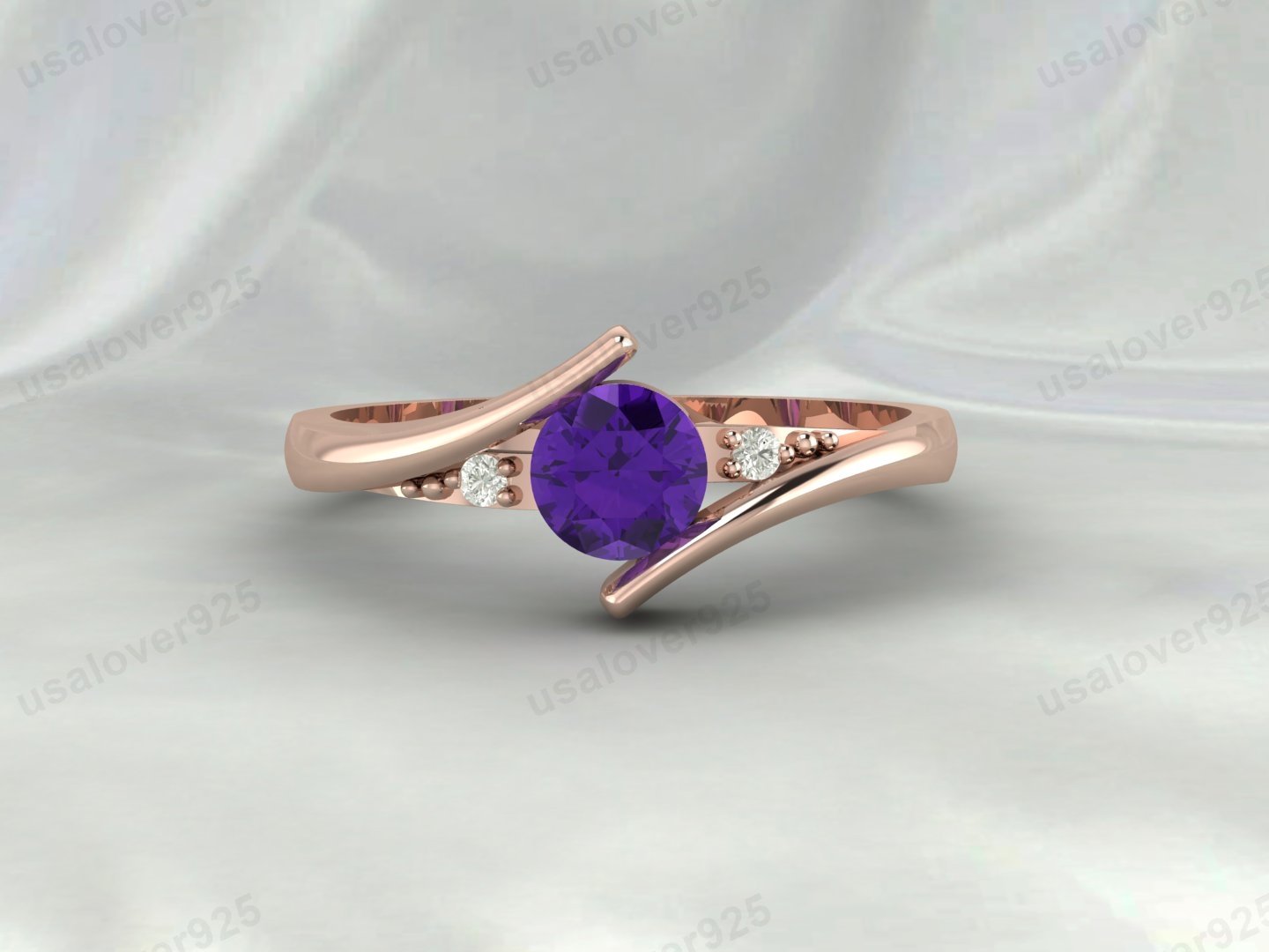 Amethyst & CZ Diamond Gemstone Solitaire Women Ring 925 Sterling Silver Jewelry