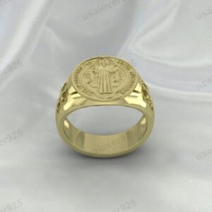 St Benedict Exorcism Signet Men Ring – High Quality Yellow Brass Jewelry