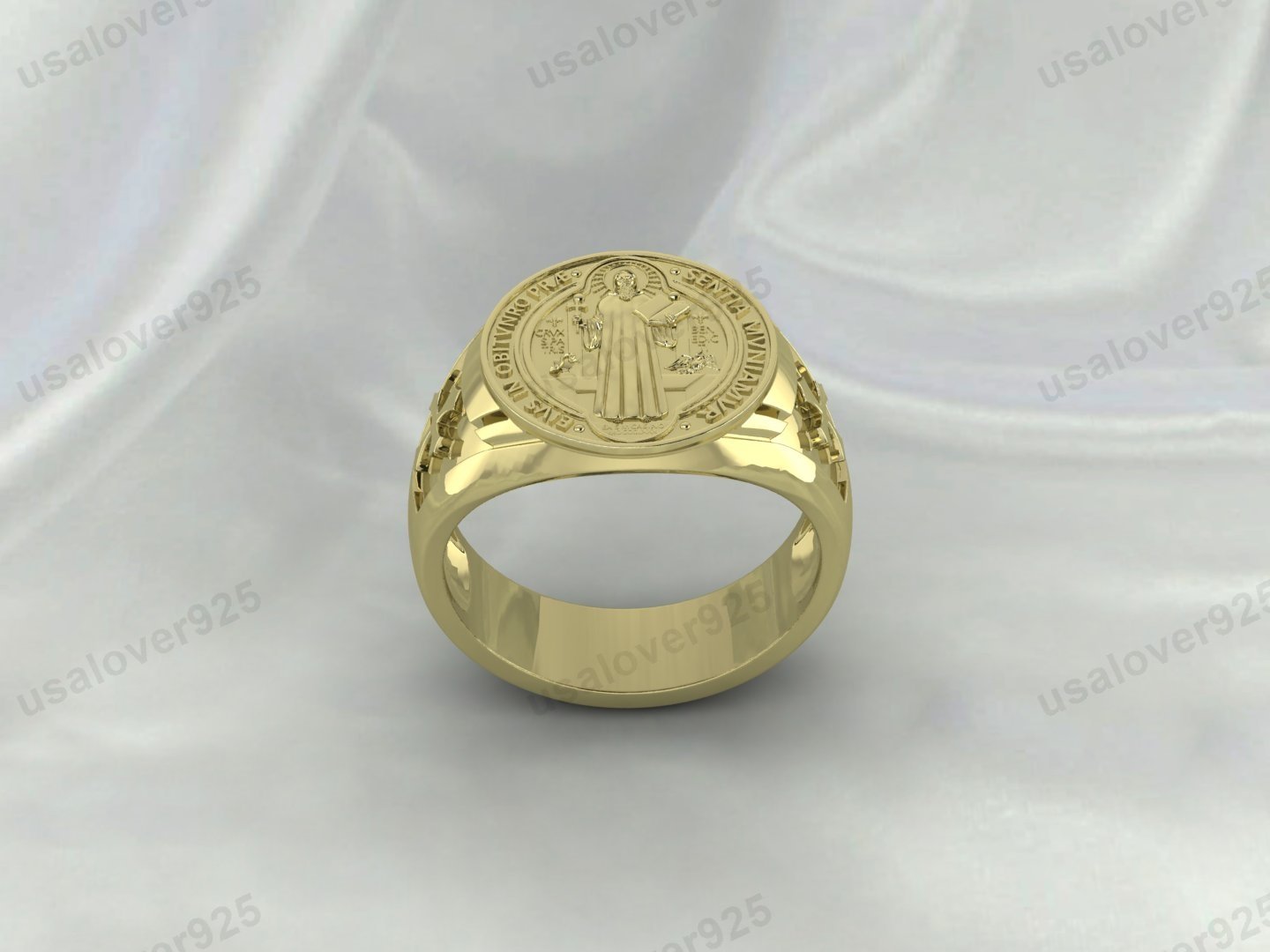 St Benedict Exorcism Signet Men Ring – High Quality Yellow Brass Jewelry