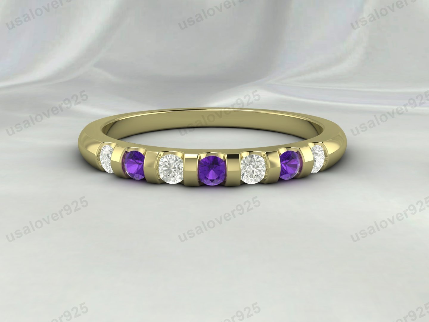 Amethyst & CZ Diamond Gemstone Half Eternity Women Band – 925 Sterling Silver Ring Jewelry - Image 3
