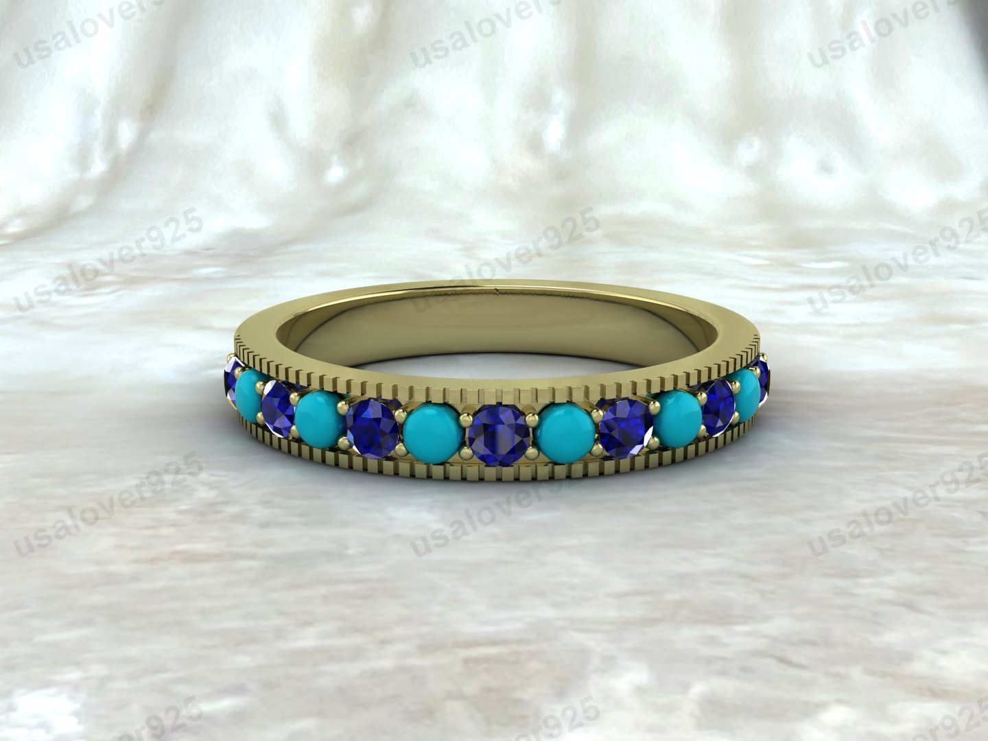 Turquoise & Sapphire Stone Half Eternity Women Band – 925 Sterling Silver Ring Jewelry - Image 3