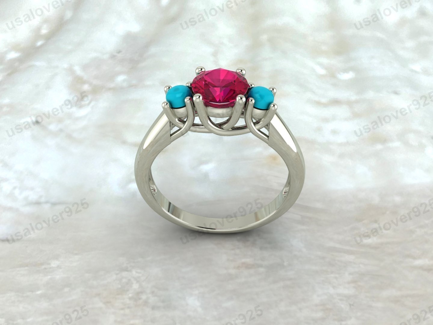 Ruby & Turquoise Gemstone Solitaire Women Ring – 925 Sterling Silver Jewelry