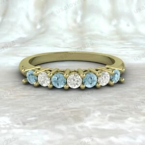 Aquamarine & CZ Diamond Stone Half Eternity Women Band – 925 Sterling Silver Ring Jewelry