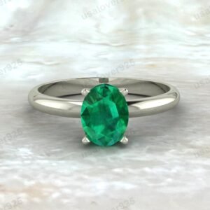 Emerald Oval Gemstone Solitaire Women Ring – 925 Sterling Silver Jewelry