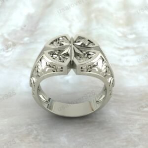 Wind Rose North Star Compass Signet Men Ring, 925 Sterling Silver Jewelry