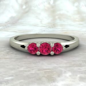 Ruby Three Gemstone Women Ring  – 925 Sterling Silver Jewelry