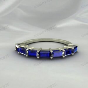 Blue Sapphire Baguette Gemstone Women Band – 925 Sterling Silver Ring Jewelry