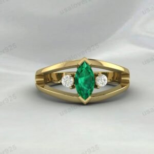 Emerald & CZ Diamond Gemstone Solitaire Women Ring – 925 Sterling Silver Jewelry