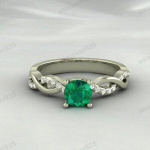 Emerald & CZ Diamond Stone Solitaire Women Ring – 925 Sterling Silver Jewelry