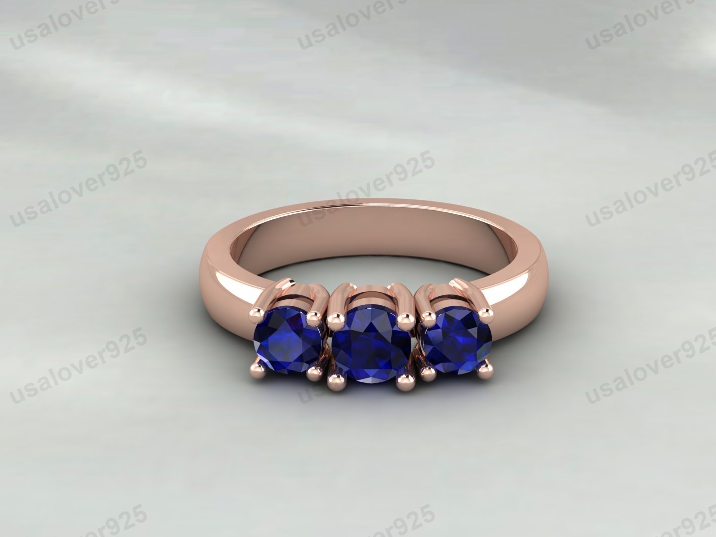 Blue Sapphire Three Gemstone Women Band – 925 Sterling Silver Ring Jewelry - Image 3