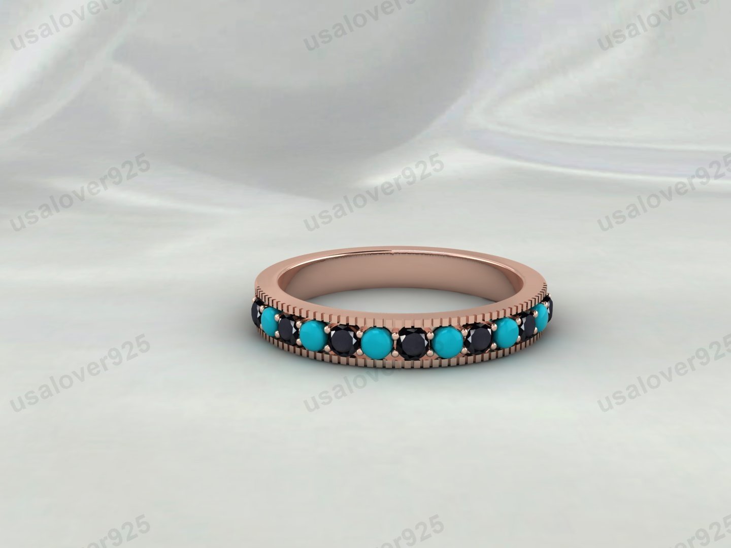 Turquoise & Onyx Half Eternity Women Band – 925 Sterling Silver Ring Jewelry - Image 4