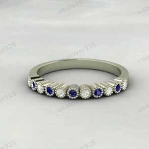 Sapphire & CZ Diamond Stone Half Eternity Women Band – 925 Sterling Silver Ring Jewelry