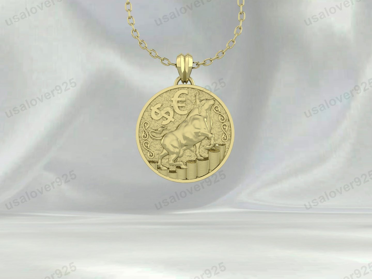 Bull Coin Unique Design Unisex Pendant, 925 Sterling Silver Necklace Jewelry - Image 2