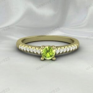Peridot & CZ Diamond Gemstone Solitaire Women Ring – 925 Sterling Silver Jewelry