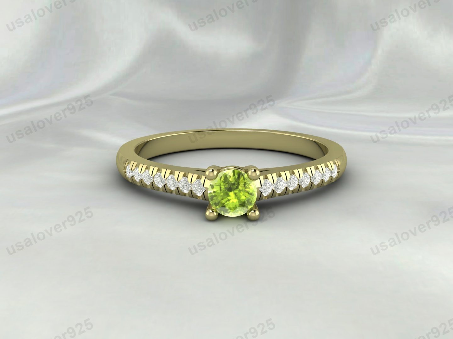 Peridot & CZ Diamond Gemstone Solitaire Women Ring – 925 Sterling Silver Jewelry