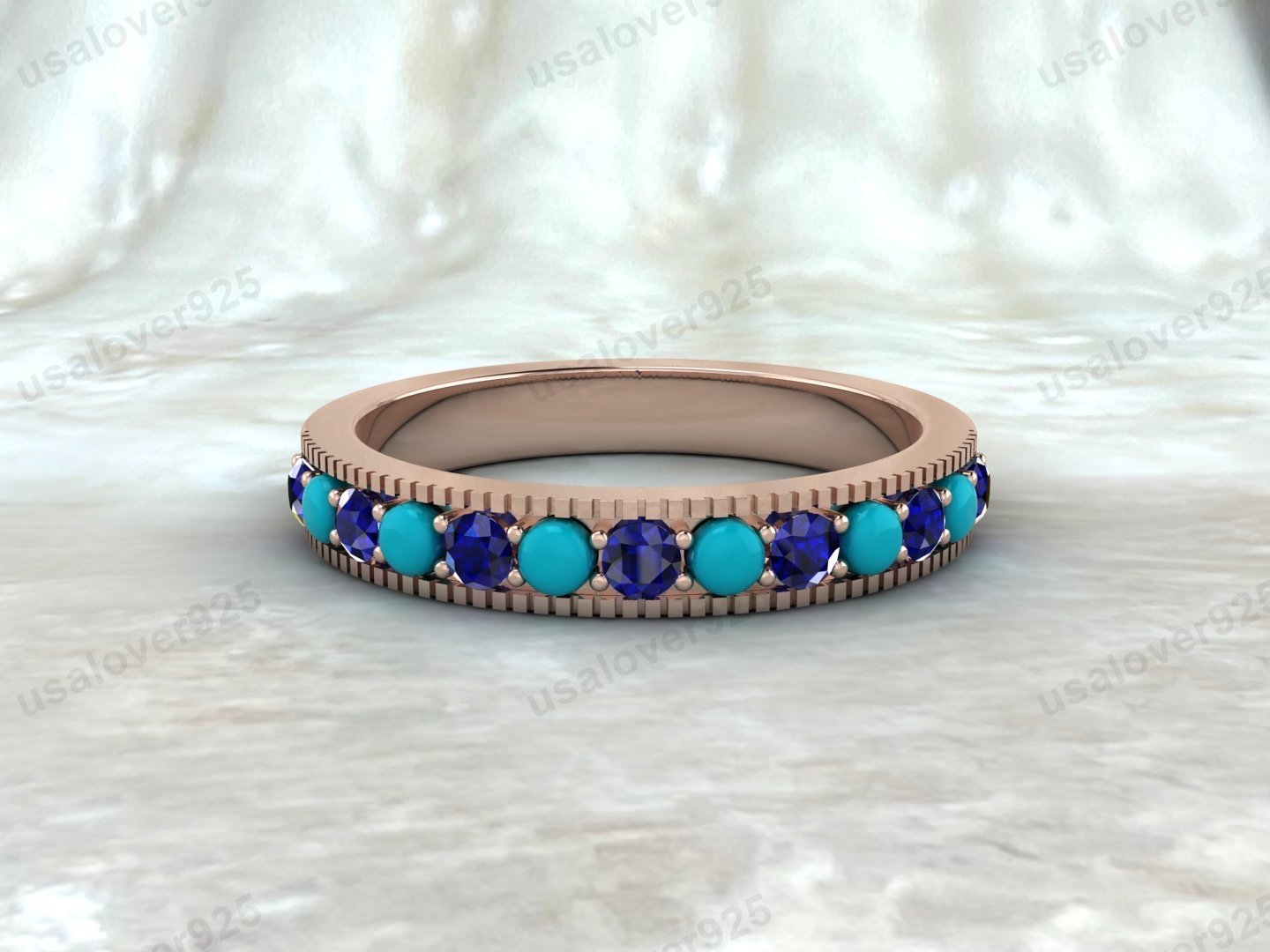 Turquoise & Sapphire Stone Half Eternity Women Band – 925 Sterling Silver Ring Jewelry - Image 2