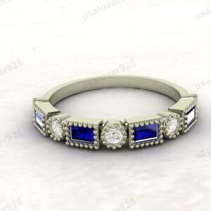 Sapphire & CZ Diamond Stone Half Eternity Women Band – 925 Sterling Silver Ring Jewelry