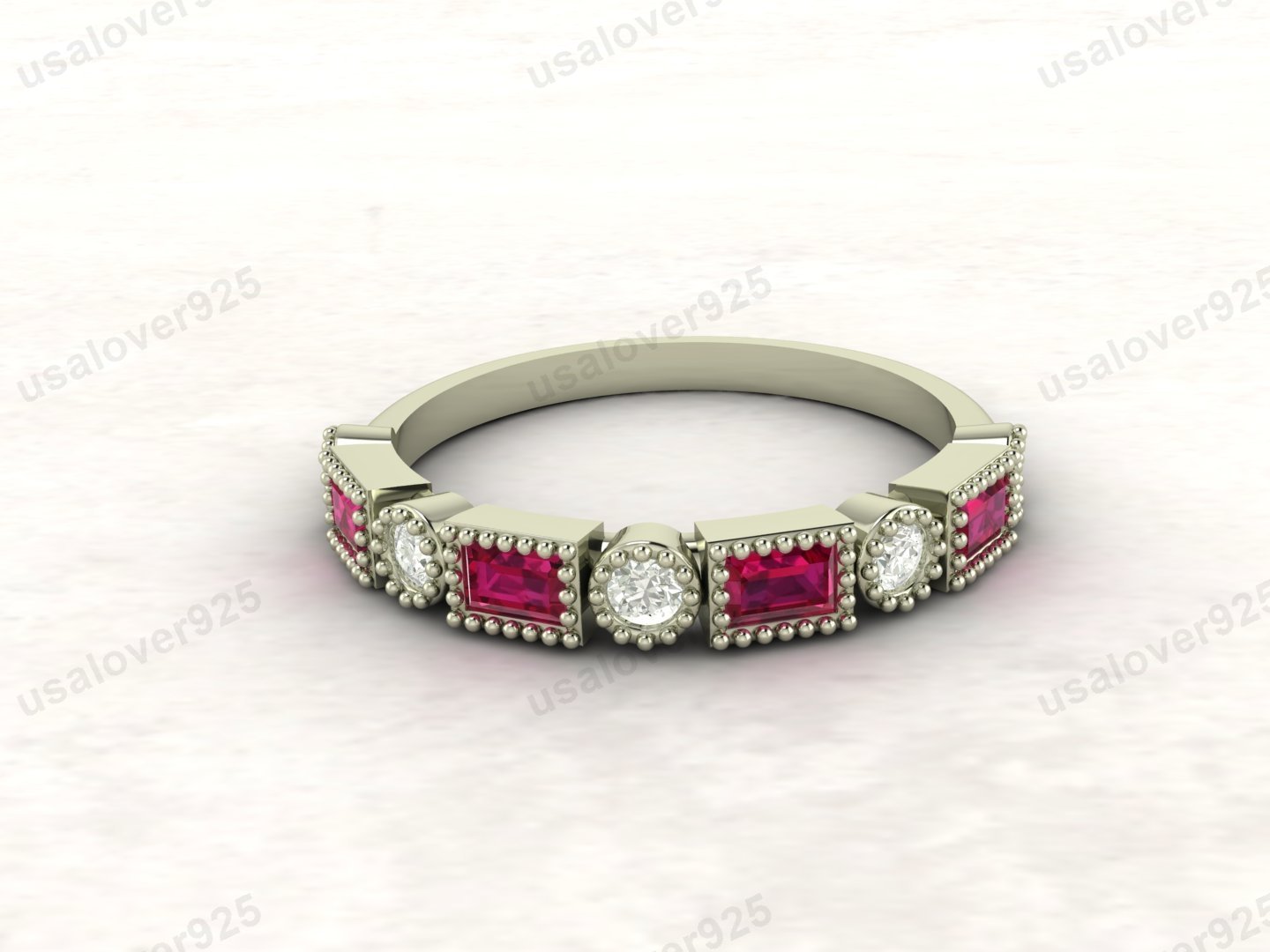 Ruby & CZ Diamond Stone Half Eternity Women Band – 925 Sterling Silver Ring Jewelry