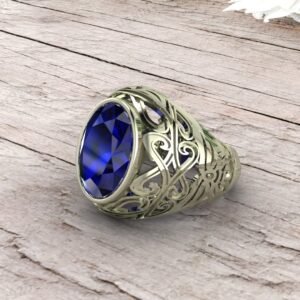 Sapphire Oval Gemstone Art Deco Men's Signet Ring, 925 Solid Sterling Silver Jewelry