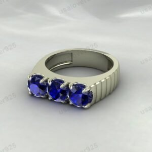 Sapphire Round Gemstone Men's Signet Ring, 925 Sterling Silver Jewelry