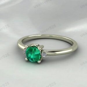 Emerald Round Gemstone Solitaire Women Ring – 925 Sterling Silver Jewelry