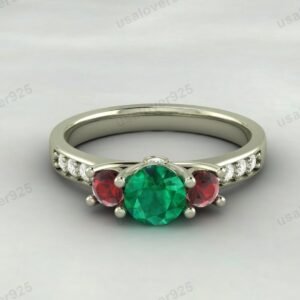 Emerald & Garnet Stone Solitaire Women Ring – 925 Sterling Silver Jewelry