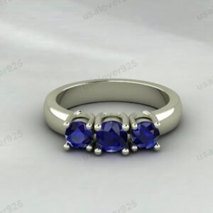 Blue Sapphire Three Gemstone Women Band – 925 Sterling Silver Ring Jewelry