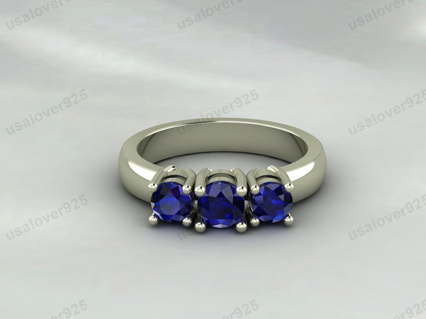 Blue Sapphire Three Gemstone Women Band – 925 Sterling Silver Ring Jewelry