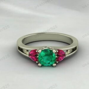 Emerald & Ruby Gemstone Solitaire  Women Ring – 925 Sterling Silver Jewelry