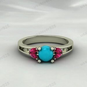 Turquoise & Ruby Gemstone Women Solitaire Ring – 925 Sterling Silver Jewelry