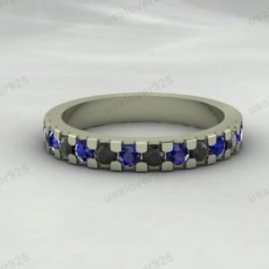 Onyx & Sapphire Half Eternity Women Band – 925 Sterling Silver Ring Jewelry