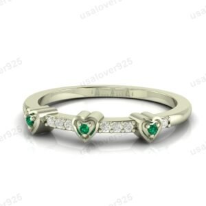 Emerald & CZ Diamond Stone Half Eternity Heart Design Women Band – 925 Sterling Silver Ring Jewelry