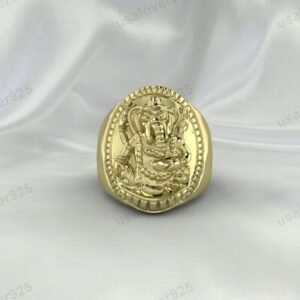 Ganesha God Design Signet Ring – High Quality Yellow Brass Unisex Jewelry