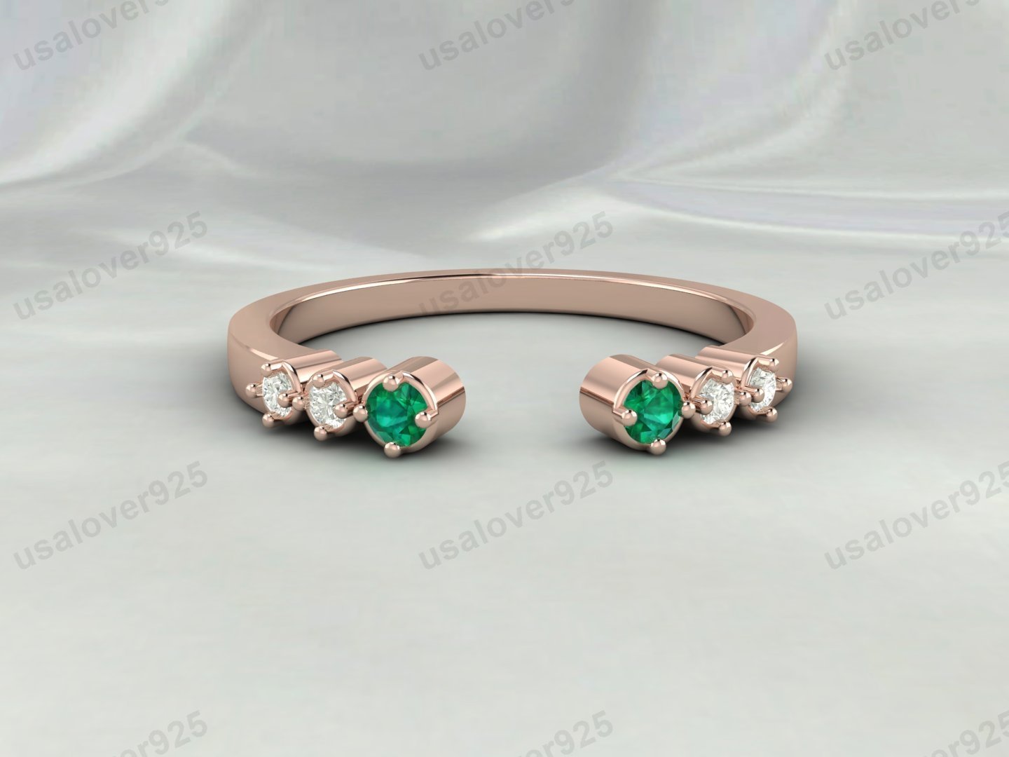 Emerald & CZ Diamond Stone Open Women Band – 925 Sterling Silver Ring Jewelry - Image 3