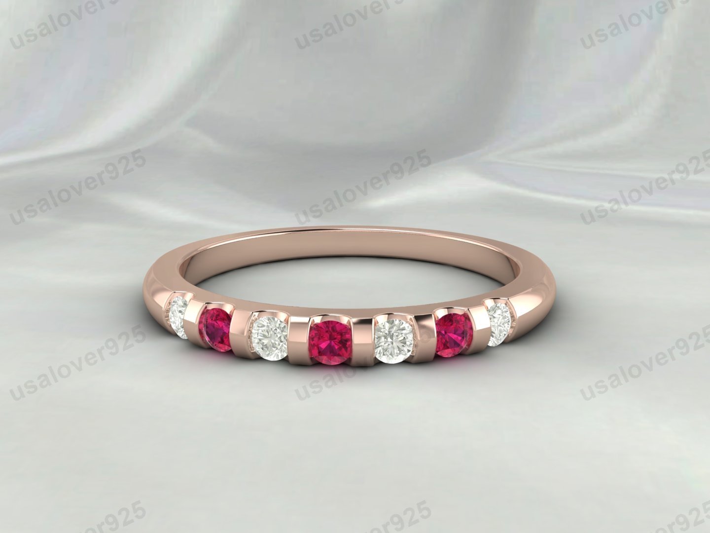 Ruby & CZ Diamond Gemstone Half Eternity Women Band – 925 Sterling Silver Ring Jewelry - Image 3