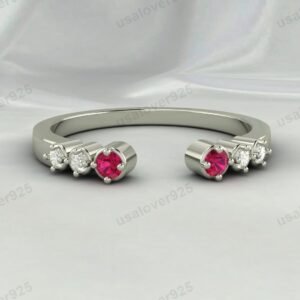 Ruby & CZ Diamond Stone Open Women Band – 925 Sterling Silver Ring Jewelry