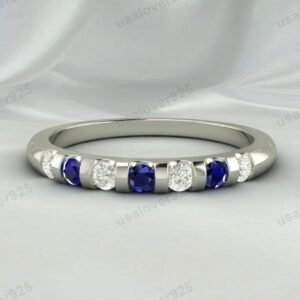 Blue Sapphire & CZ Diamond Gemstone Half Eternity Women Band – 925 Sterling Silver Ring Jewelry