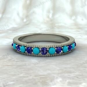 Turquoise & Sapphire Stone Half Eternity Women Band – 925 Sterling Silver Ring Jewelry