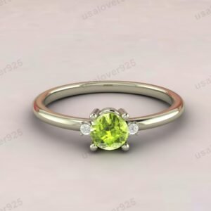 Peridot & CZ Diamond Stone Solitaire Women Ring – 925 Sterling Silver Jewelry